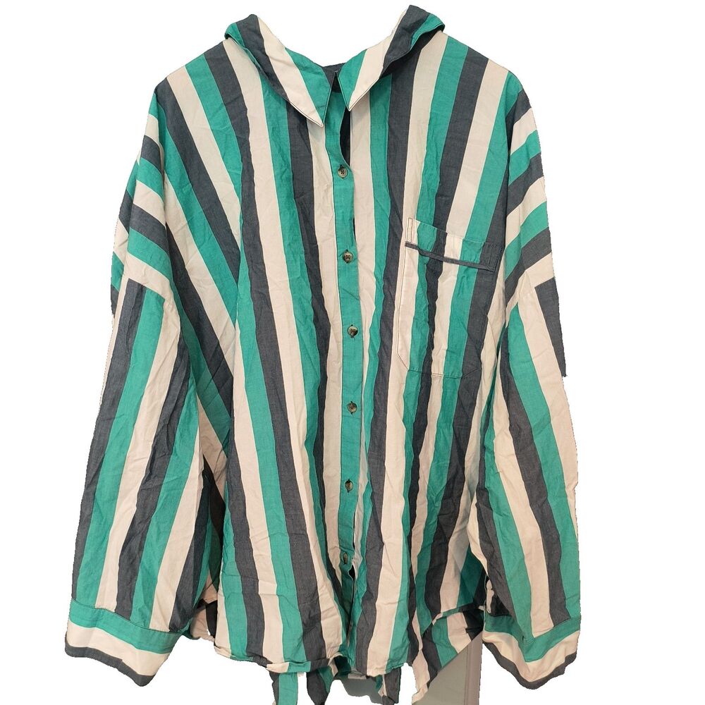 Anthropologie Pajama Top/Sleepshirt Womens 2X Blue Green Striped Buttons Lounge